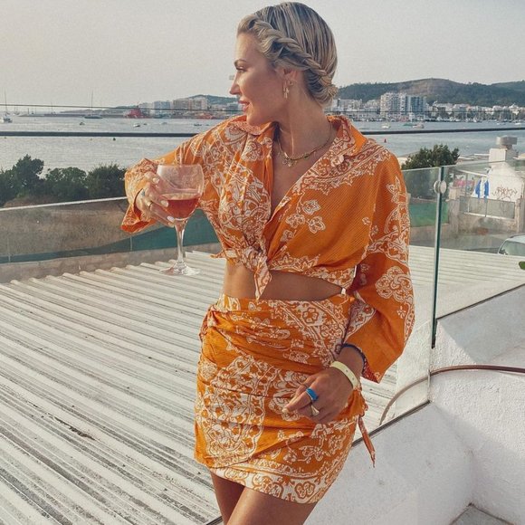 BLOGGER'S FAVE! Zara 2 Piece Printed Mini Skirt And Top Set Burnt Orange NWT - Picture 13 of 16